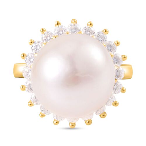 Weißer Edison Perle (13-14 mm), Moissanit Ring, 925 Silber Gelbgold Vermeil, (Größe 17.00), ca. 0.96 ct image number 0