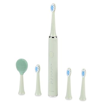 LIVMORE Sonic elektrische Zahnb&uuml;rste mit 3 Zahnb&uuml;rstenk&ouml;pfen und 1 Silikon-Zungenb&uuml;rstenkopf, 24,5x2,5cm, Gr&uuml;n