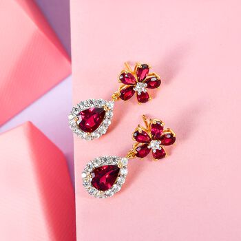 Rhodolith Granat und floraler Zirkon-Halo-Ohrh&auml;nger, 925 Silber vergoldet, 6,57 ct.