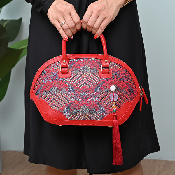 Seidenbrokat Tasche aus 100% Leder mit nat&uuml;rlicher Jade Quaste, Gr&ouml;&szlig;e 35x23x13 cm, Rot image number 3