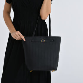 Tragetasche aus echtem Leder mit dekorativer Schnalle und zwei Griffen, 25&times;11&times;32 cm, Schwarz