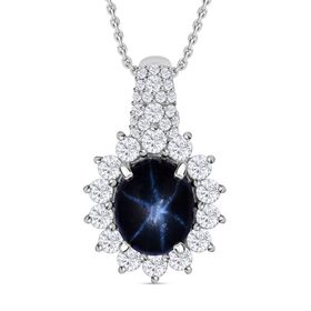 Stern blauer Saphir, Moissanit Anhänger 925 Silber rhodiniert ca. 7.54 ct