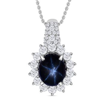 Stern blauer Saphir, Moissanit Anh&auml;nger 925 Silber rhodiniert ca. 7.54 ct