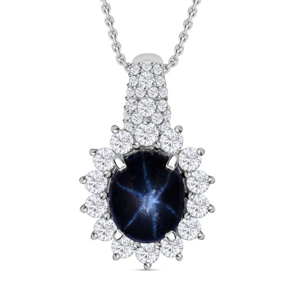 Stern blauer Saphir, Moissanit Anh&auml;nger 925 Silber rhodiniert ca. 7.54 ct