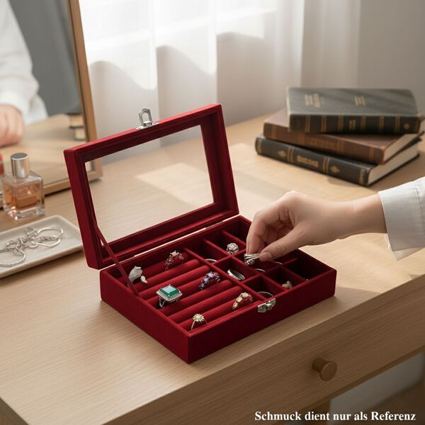 Elegante Schmuckbox aus edlem Samt mit Glasdeckel, 20x15x5 cm, Weinrot image number 2