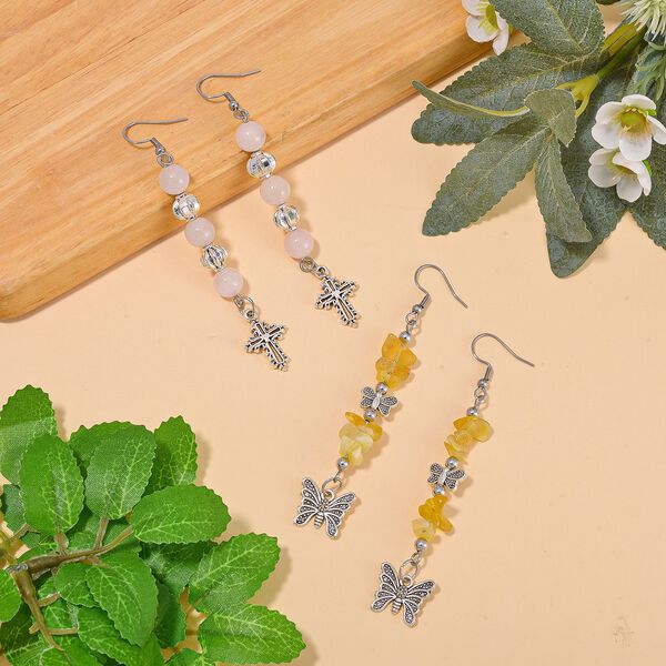 Rosenquarz, Gelber Opal Schmuckset Reiner Edelstahl Schwarz oxidiert und Legierung Schwarz oxidiert ca. 75.00 ct image number 2