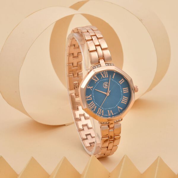 Strada - Kristall Uhr, japanisches Uhrwerk, Edelstahl in Ros&eacute;farbe, blau image number 2