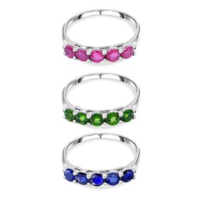 Rubin, natürlicher Chromdiopsid und Masaola Saphir 3er-Ringset, 925 Silber platiniert ca. 3.75 ct