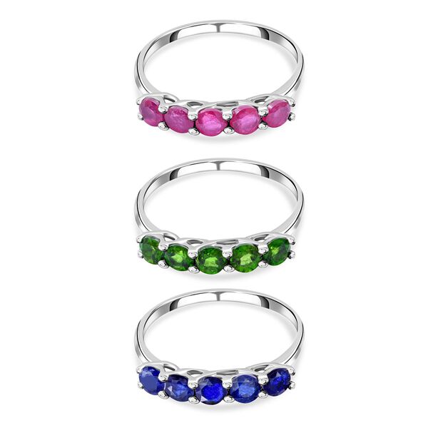 Rubin, nat&uuml;rlicher Chromdiopsid und Masaola Saphir 3er-Ringset, 925 Silber platiniert ca. 6.25 ct
