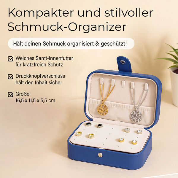 Schmuckbox aus PU-Leder in Blau mit Druckknopfverschluss, 16,5x11,5x5,5cm, inkl. 10 Silberputzt&uuml;cher image number 2