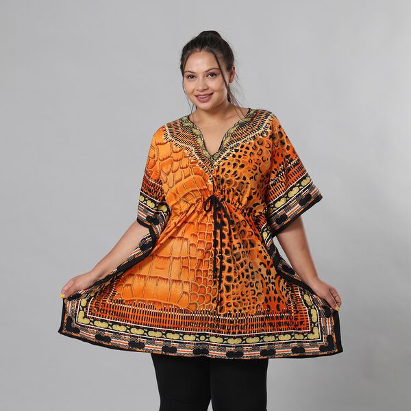 V-Ausschnitt bedruckter Kaftan, Einheitsgr&ouml;&szlig;e Orange image number 2