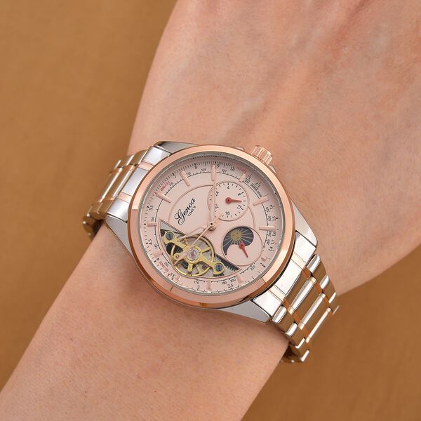 GENOA TIME V2 - Automatik-Armbanduhr, Mechanisches Uhrwerk, Edelstahlarmband, bicolor, Roséfarbenes Zifferblatt image number 3