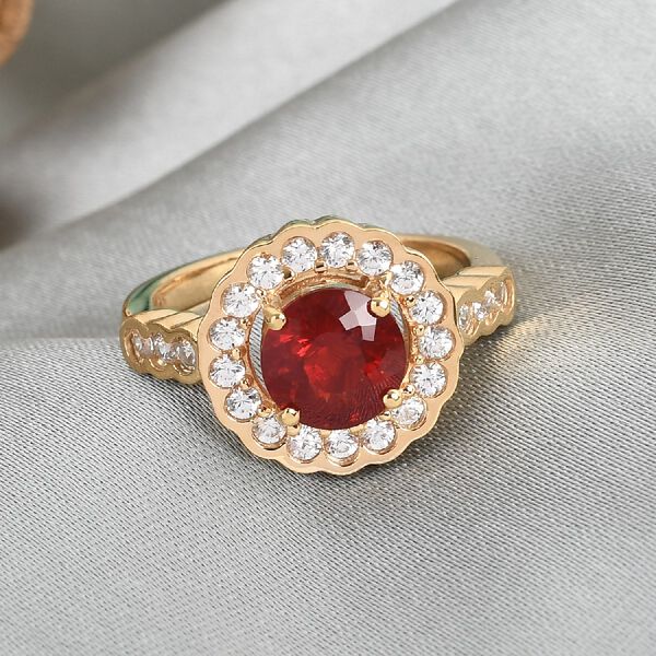 Mexikanischer Kirschfeuer-Opal und Zirkon Halo Ring 925 Silber 585 Vergoldet image number 2