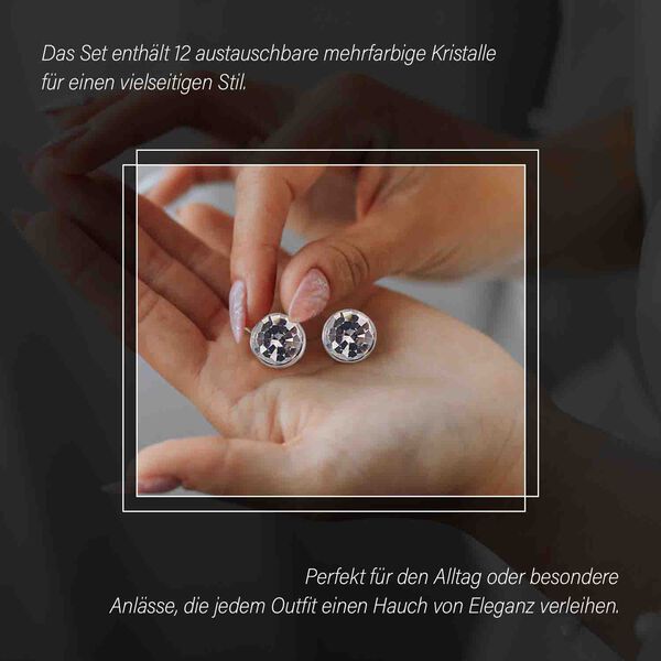 12er-Set- Austauschbare mehrfarbige Kristall-Ohrstecker in Silberton image number 3