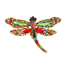 Mehrfarbiger Kristall Brosche,  Antikes Gold, Libelle