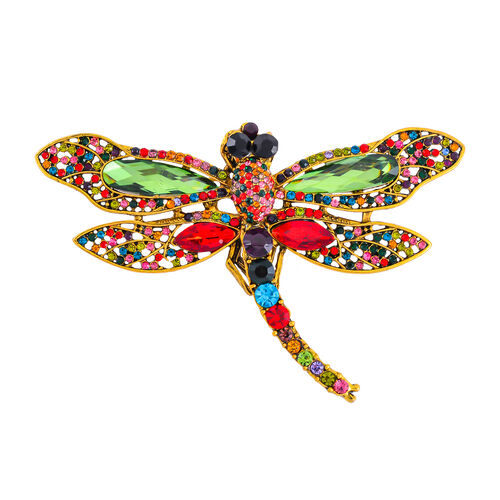 Mehrfarbiger Kristall Brosche,  Antikes Gold, Libelle image number 0