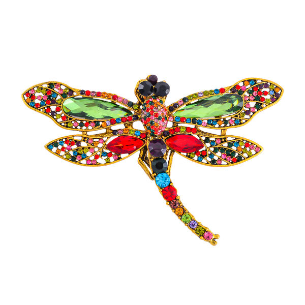 Mehrfarbiger Kristall Brosche,  Antikes Gold, Libelle image number 0