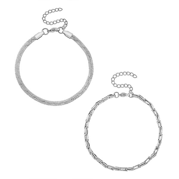 2er-Set Armb&auml;nder, Edelstahl, Bambus-Design und Schlangenarmband-Optik, Silberfarben, ca. 19 cm