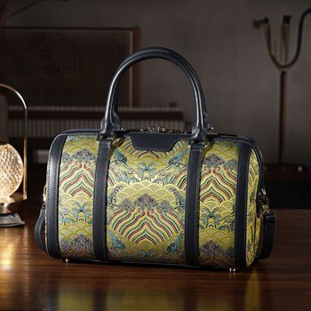 LA MAREY Brokat Crossbody Tasche aus Seide und Echtleder, 30x18x15cm, Gelb