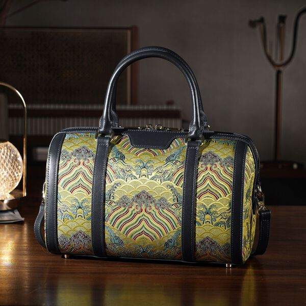 LA MAREY Brokat Crossbody Tasche aus Seide und Echtleder, 30x18x15cm, Gelb image number 1