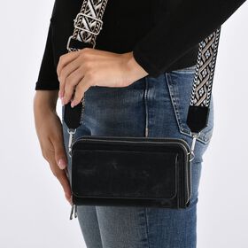 Crossbody-Tasche mit RFID-Schutz und Muster-Schulterriemen, 19x6x11 cm, Schwarz