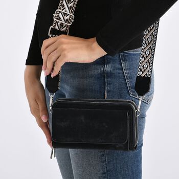 Crossbody-Tasche mit RFID-Schutz und Muster-Schulterriemen, 19x6x11 cm, Schwarz