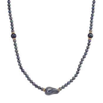 3er Set Pfauenfarbene Muschelkernperlen-Schmuckst&uuml;cke, bestehend aus Armband (ca. 19 cm) und zwei Halsketten (ca. 40 cm und 50 cm), gelb vergoldet