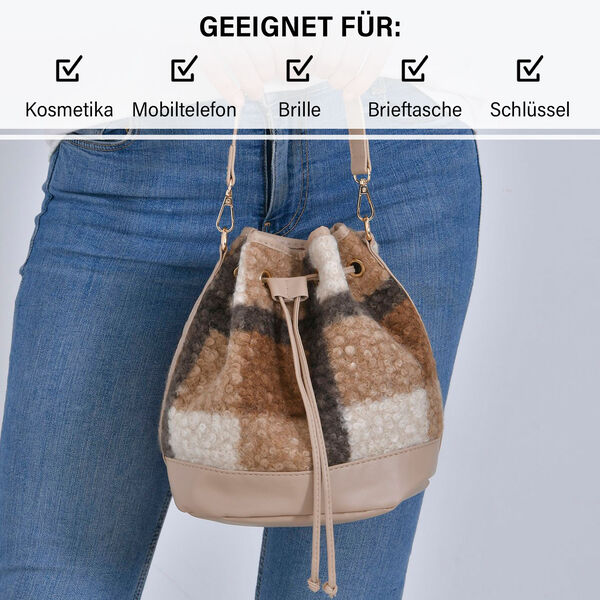 Beuteltasche aus Teddyfell, Karomuster, beige image number 4