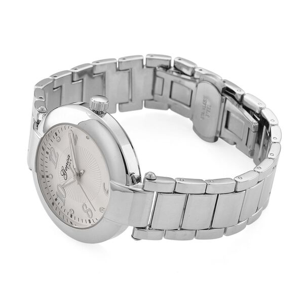 GENOA TIME V2 Uhr mit Japanischem Miyota 2035 Werk, Zifferblatt Silber mit Hydraulik-Design und Weißen Kristallen, Edelstahlarmband Silberfarben, 3 ATM wasserdicht image number 5