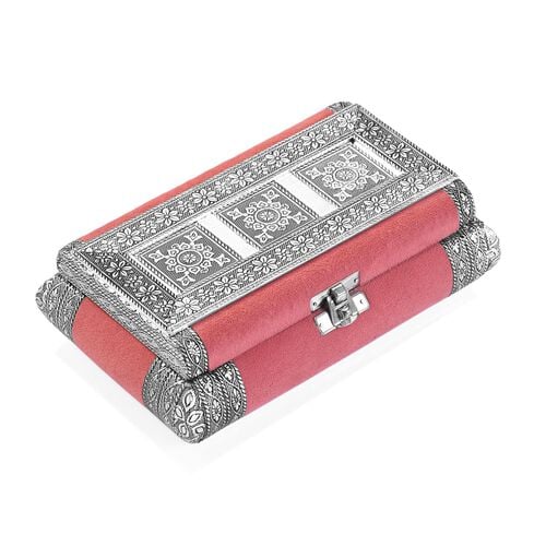 Handgefertigte Schmuckschatulle mit Elefanten Präge-Design, oxidiertes Finish, 20 x 13 x 7 cm, Silber-Rosa
