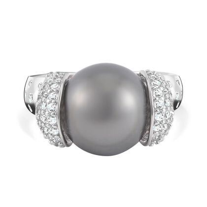 Tahiti Perle ( 12-13 mm ) Wei&szlig;er Zirkon Ring, 925 Silber platiniert, (Gr&ouml;&szlig;e 16.00)