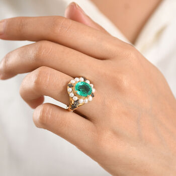 D'Joy - Perlenkrone Smaragd-Quarz Triplette, S&uuml;&szlig;wasser Perle (3mm) Ring 925 Silber 750 Gelbgold Vermeil (Gr&ouml;&szlig;e 18.00) 6.40 ct