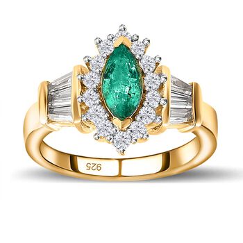 AAA Smaragd, Wei&szlig;er Zirkon Ring, 925 Silber Gelbgold Vermeil (Gr&ouml;&szlig;e 20.00) ca. 1.28 ct