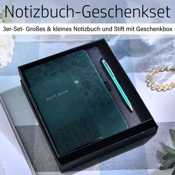 Premium Set; Notizbuch und Taschentagebuch mit geschnitztem, samtigem Hardcover und Kugelschreiber, Grün image number 2