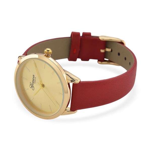 GENOA TIME V2 - Quarzuhr mit japanischem PC21S Werk, goldenem Zifferblatt und rotem Lederarmband, goldfarbenem Gehäuse, 3 ATM wasserdicht image number 5