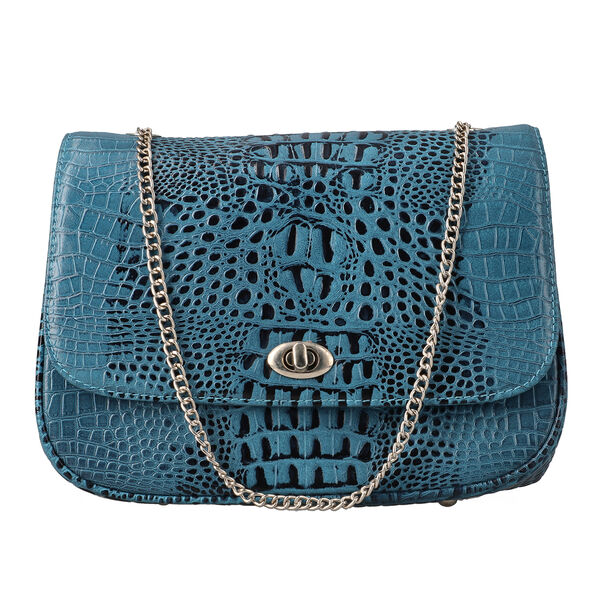 Umh&auml;ngetasche aus echtem Leder mit Kroko-Pr&auml;gung und Kettenriemen, Blau