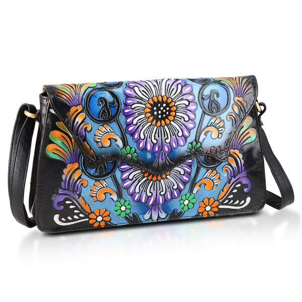 SUKRITI handbemalte Echtleder Tasche mit Pr&auml;gung 32 x 6 x 19 cm, Schwarz image number 5