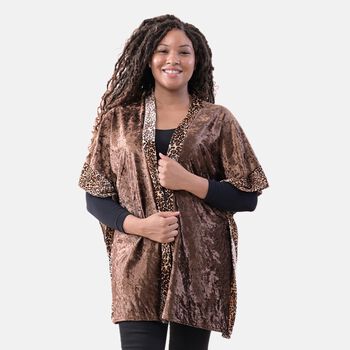 TAMSY - Samt Kimono mit Leopardenmuster Bord&uuml;re, Einheitsgr&ouml;&szlig;e Braun