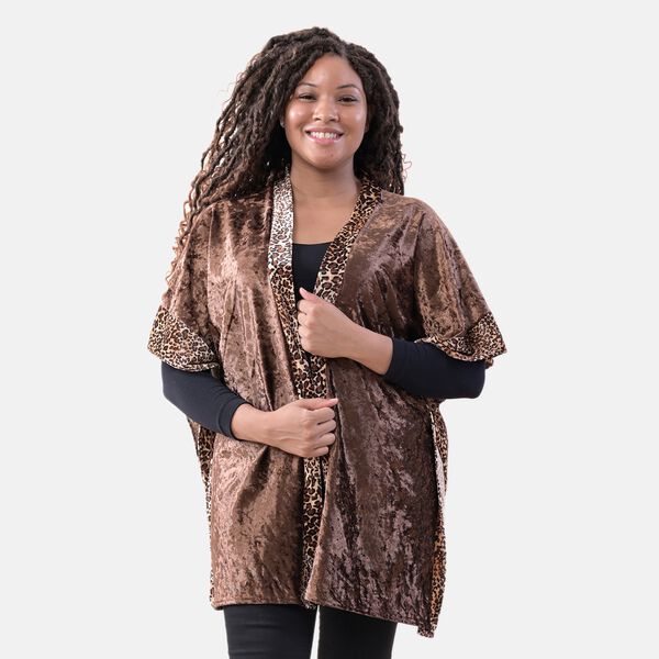 TAMSY: Kimono aus Samt mit Leoparden-Bord&uuml;re, Einheitsgr&ouml;&szlig;e, Braun&nbsp;