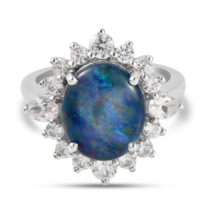 Boulder Opal Triplett und Zirkon Ring 925 Silber platiniert (Größe 16.00) ca. 4,80 ct
