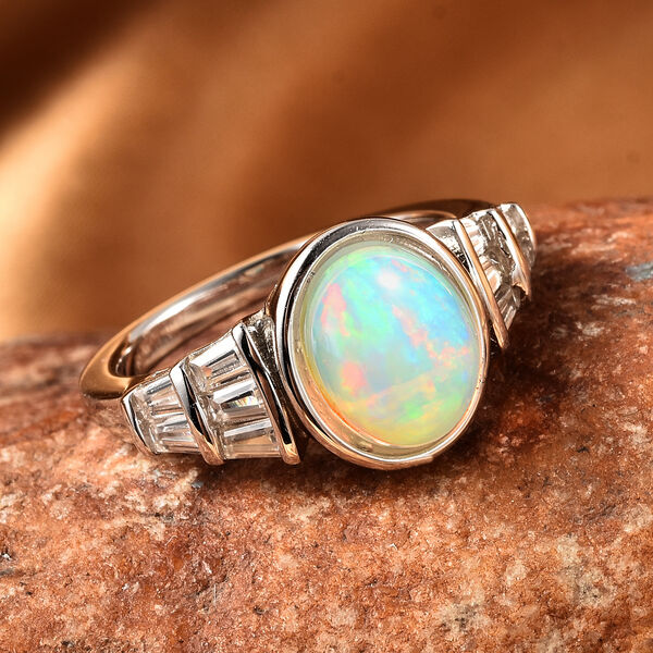 Nat&uuml;rlicher &Auml;thiopischer Opal und Zirkon Seitenstein Ring 925 Silber Rhodium-&Uuml;berzug image number 2