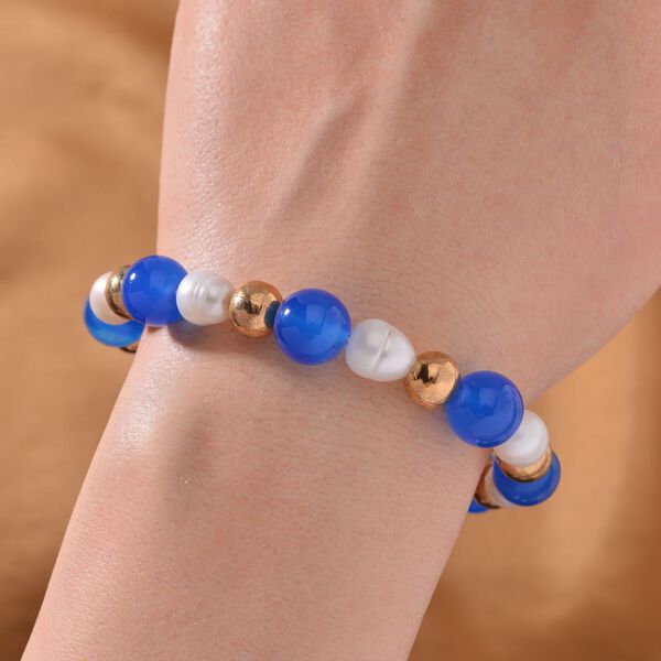 Flexibles blaues Achat und weißes Süßwasserperlen-Armband - 90 ct. image number 2