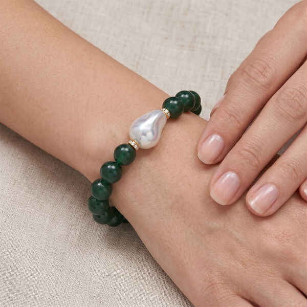 Verde Onyx, Wei&szlig;e Muschelkernperle, Wei&szlig;er Zirkonia Armband ca. Flexibles cm Standard gelb vergoldet image number 2