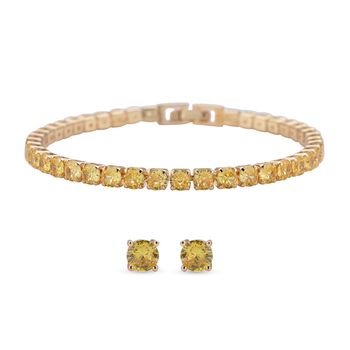 2er Gelbe Zirkonia-Ohrstecker mit Armband, reines Messing ca. 21.00 ct