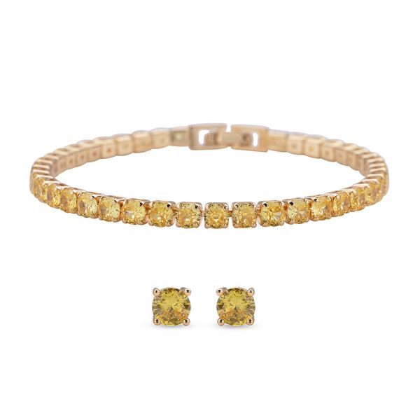 2er Gelbe Zirkonia-Ohrstecker mit Armband, reines Messing ca. 21.00 ct