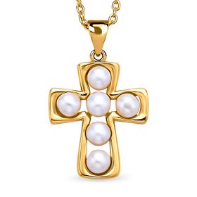 Weißer Süßwasser Perlen Kreuz-Anhänger mit Kette, (4-5mm), goldfarben