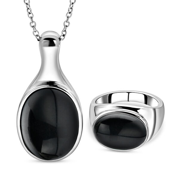 2er-set schwarz gef&auml;rbter Achat-Ring und Anh&auml;nger mit Kette, ca. 50 cm, Edelstahl, ca. 27,00 ct