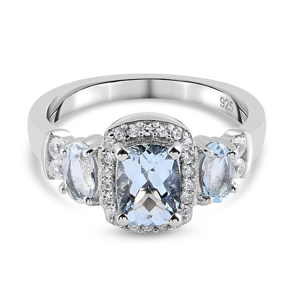 Aquamarin und Zirkon Ring 925 Silber Platin-&Uuml;berzug