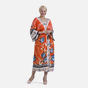 Kimono mit G&uuml;rtel, Vogel- und Blumenmuster, 128&times;78 cm, Orange