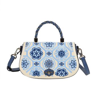 GRAND PELLE Umh&auml;ngetasche aus echtem Leder, Florale Gitterstickerei, mit Tragegriff und Schulterriemen, 23&times;9&times;13 cm, Blau